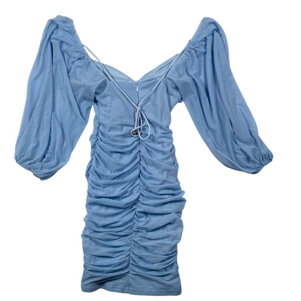 NWT Selfie Leslie Blue Ruched Off-The-Shoulder Mesh Long Sleeve Mini Dress XS - Picture 2 of 8